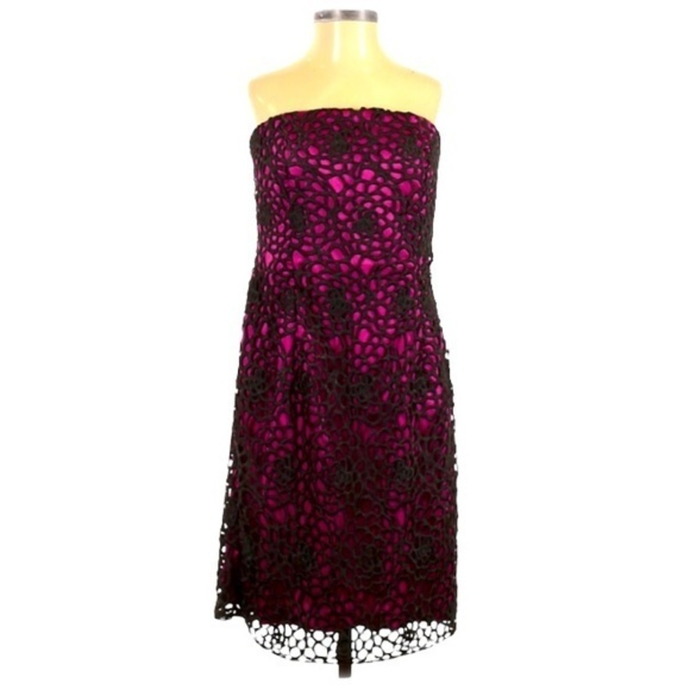 Adrianna Papell 6 pink‎ satin black lace overlay strapless zipper cocktail dress